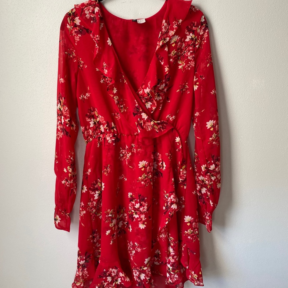 H&M Red Floral Flounce Dress - Size M / US 10
